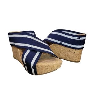 Lucky Brand Miller 2 Cork Wedge Blue White Stripe Nautical Patriotic Stretch 9.5